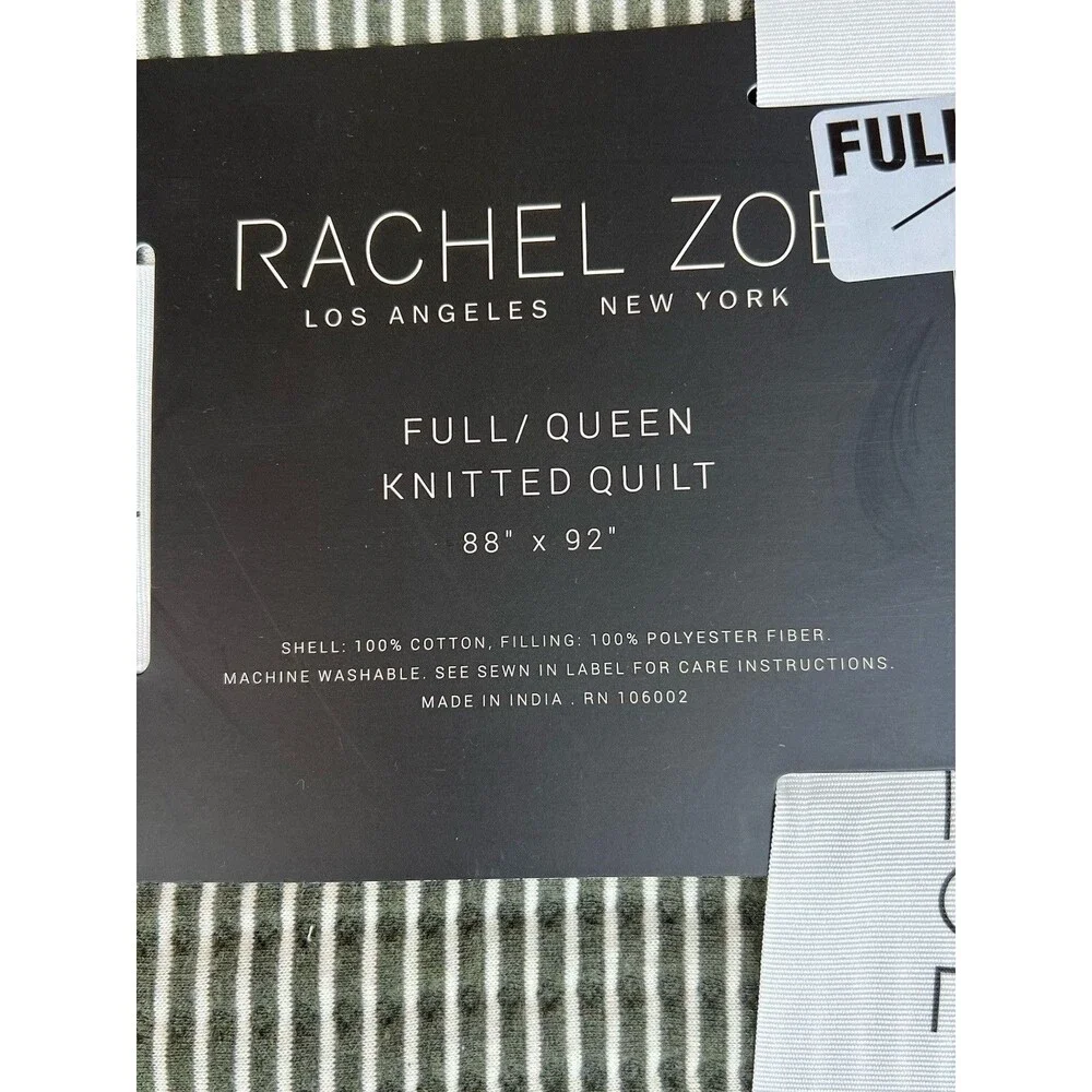 Rachel Zoe Green and White Striped Cotton Knitted Quilt Full Queen Textured New